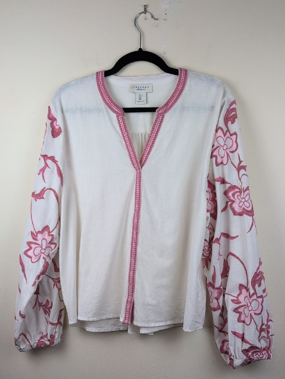 Calypso St. Barth Ivory Blouse with Pink Floral Embroidery Size L